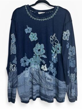 We the Free by Free People Chasing Waves Navy Blue Floral Long Sleeve Tee